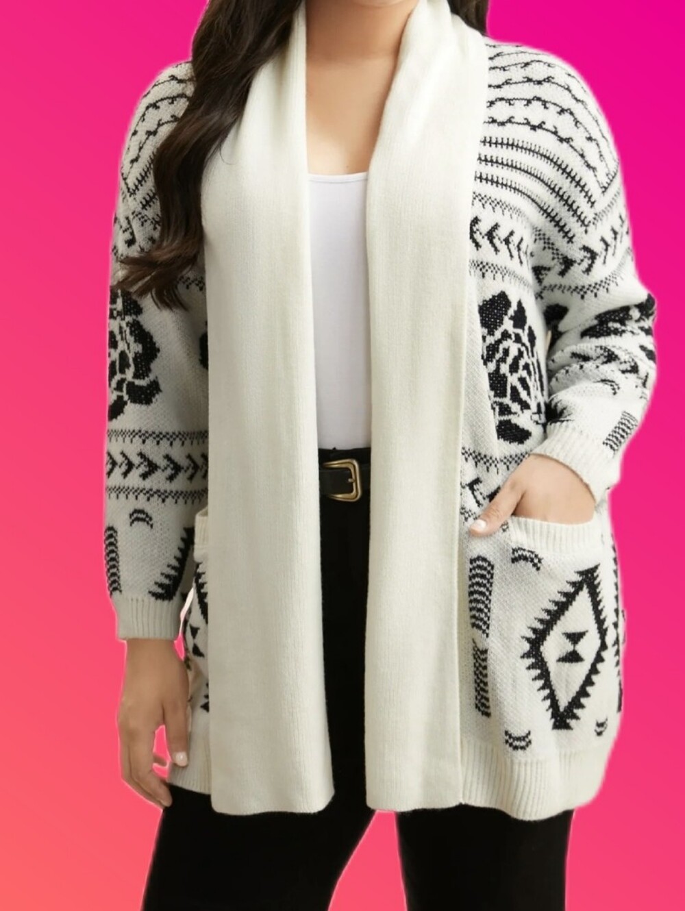 Bloomchic Lapel Collar Open Front Cardigan, Black Beige Tribal, 14-16
